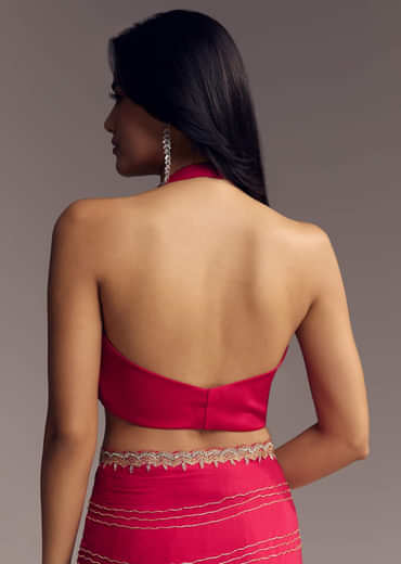 Rani Pink Embroidered Chinon Saree With Cut Dana