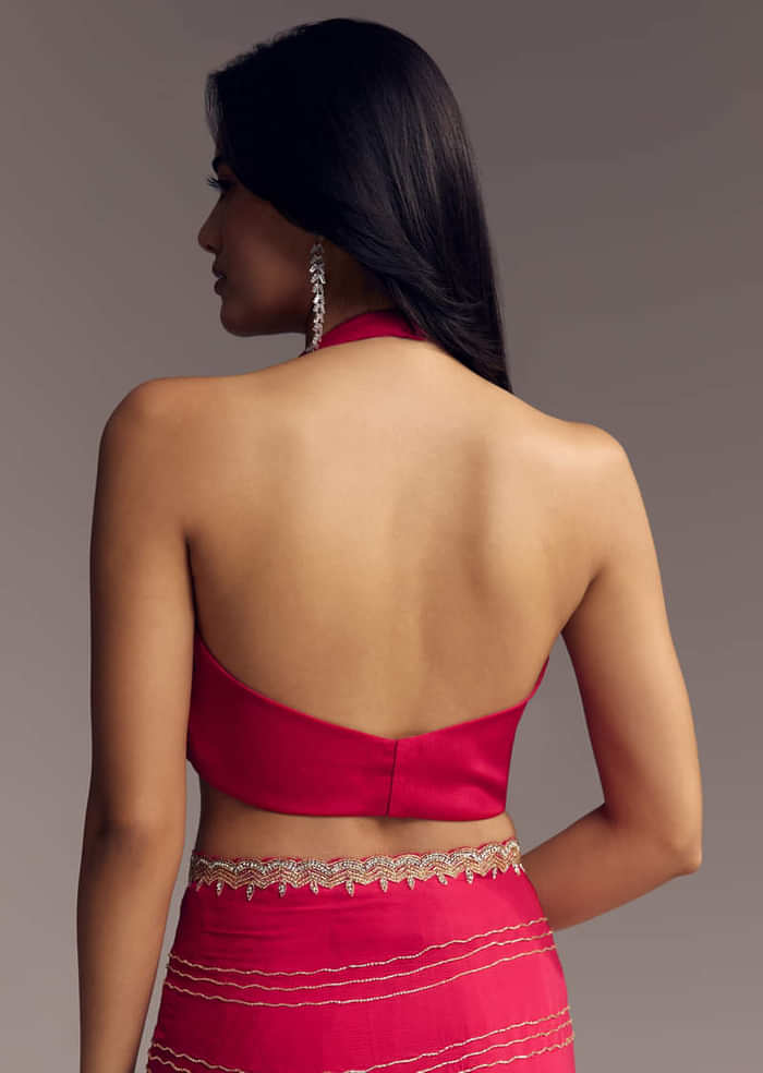 Rani Pink Embroidered Chinon Saree With Cut Dana