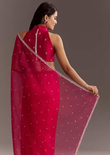 Rani Pink Glass Tissue Saree With Cutdana And Sequins Scallop Border