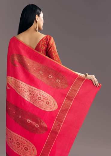 Rani Pink Kora Silk Handloom Saree With Woven Motif