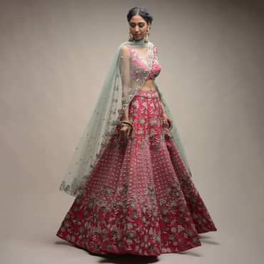 Crimson Red Lehenga Choli In Raw Silk With Resham And Cut Dana Embroidered Geometric And Summer Blossoms
