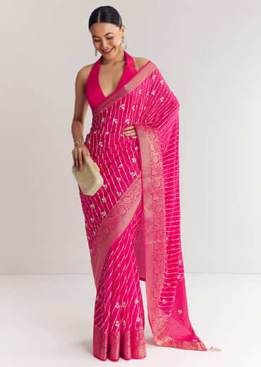 Rani Pink Leheriya Print With Floral Gotapatti And Moti Embroidery.