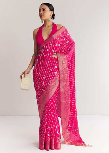 Rani Pink Leheriya Print With Floral Gotapatti And Moti Embroidery.