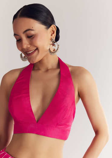 Rani Pink Leheriya Print With Floral Gotapatti And Moti Embroidery.