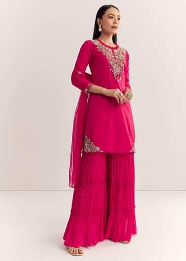 Rani Pink Organza Embroidered Kurta Set With Dupatta