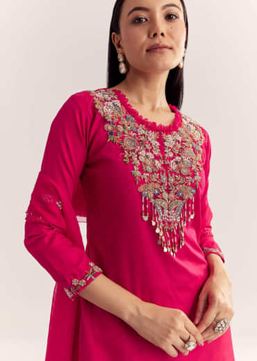 Rani Pink Organza Embroidered Kurta Set With Dupatta