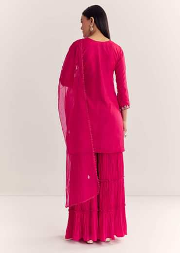 Rani Pink Organza Embroidered Kurta Set With Dupatta