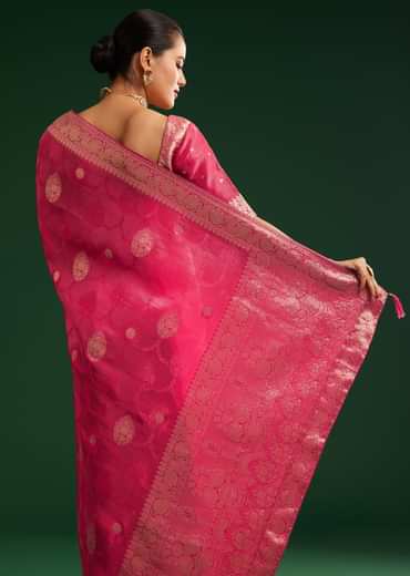 Rani Pink Saree With Woven Zari Motif And Embroidered Blouse