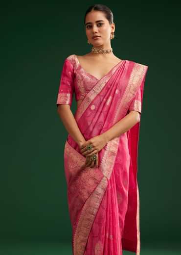 Rani Pink Saree With Woven Zari Motif And Embroidered Blouse