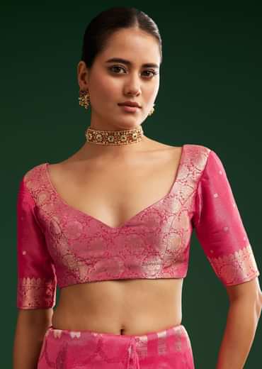 Rani Pink Saree With Woven Zari Motif And Embroidered Blouse