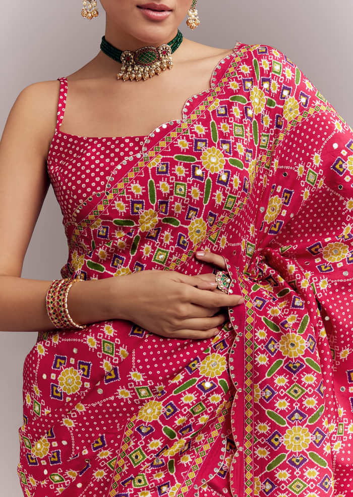Rani Pink Satin Saree With Handwoven Ikat Print And Mirror Work