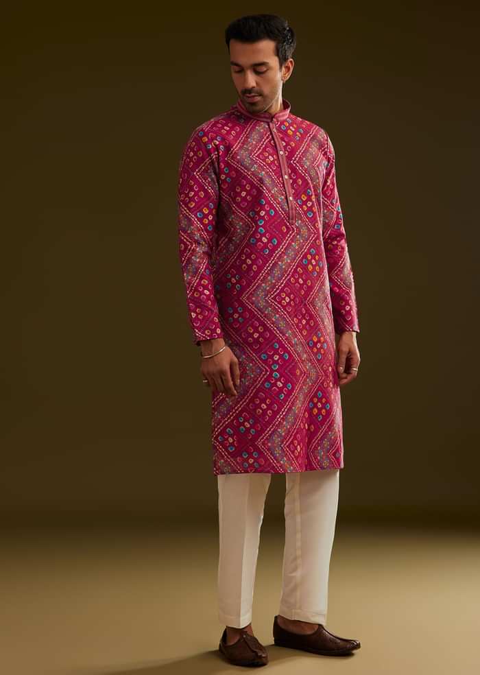 Rani Pink Silk Bandhani Printed Kurta Set