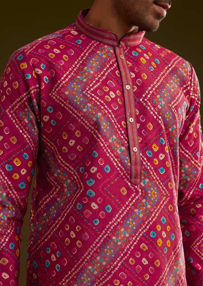 Rani Pink Silk Bandhani Printed Kurta Set