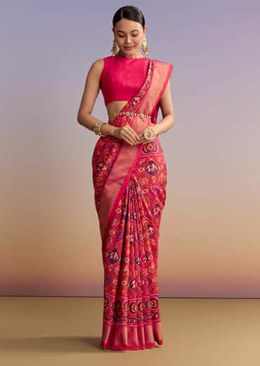 Rani Pink Silk Single Ikkat Handwoven Patola Saree With Geometric Motifs Rani Pink Silk Single Ikkat Handwoven Patola Saree With Geometric Motifs
