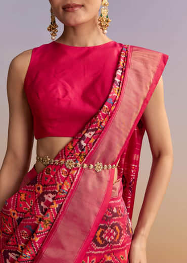 Rani Pink Silk Single Ikkat Handwoven Patola Saree With Geometric Motifs Rani Pink Silk Single Ikkat Handwoven Patola Saree With Geometric Motifs