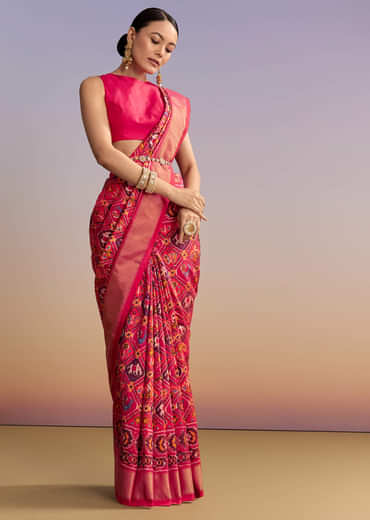 Rani Pink Silk Single Ikkat Handwoven Patola Saree With Geometric Motifs Rani Pink Silk Single Ikkat Handwoven Patola Saree With Geometric Motifs