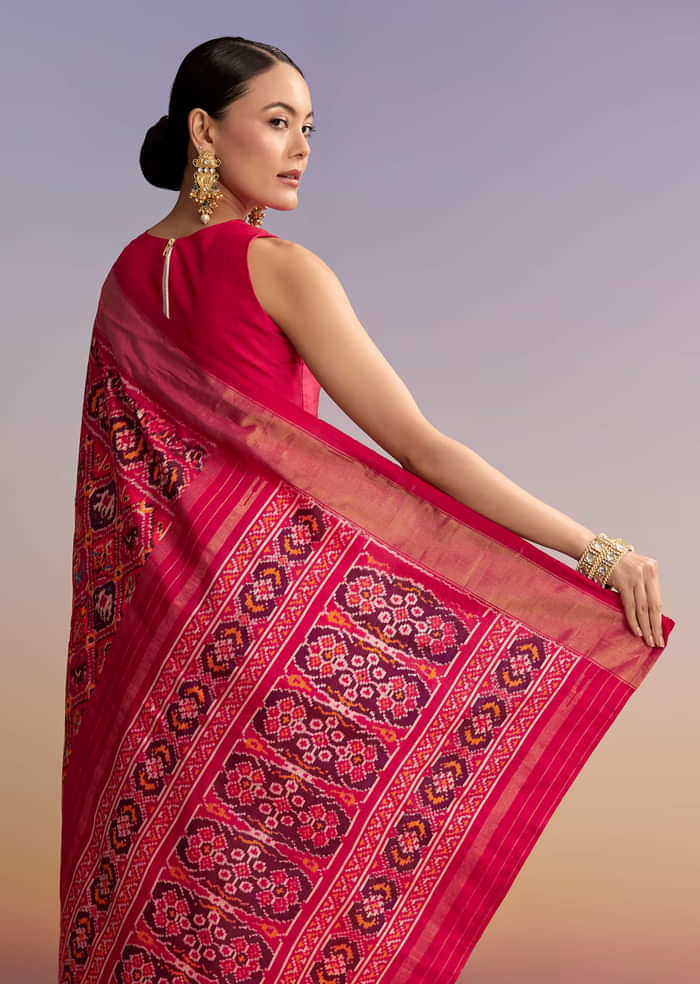 Rani Pink Silk Single Ikkat Handwoven Patola Saree With Geometric Motifs