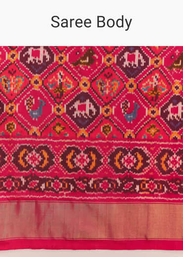 Rani Pink Silk Single Ikkat Handwoven Patola Saree With Geometric Motifs Rani Pink Silk Single Ikkat Handwoven Patola Saree With Geometric Motifs