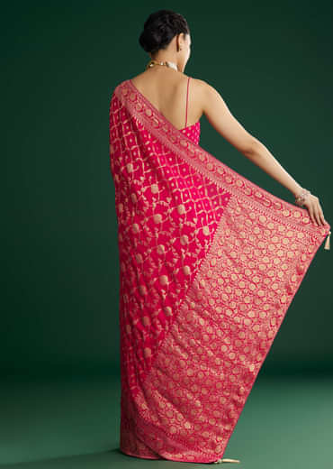 Rani Pink Woven Saree With Jaal Work And Floral Border