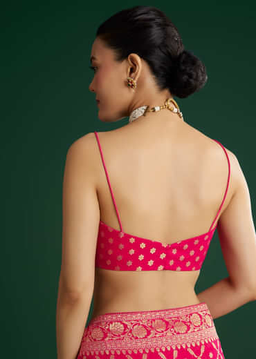 Rani Pink Woven Saree With Jaal Work And Floral Border