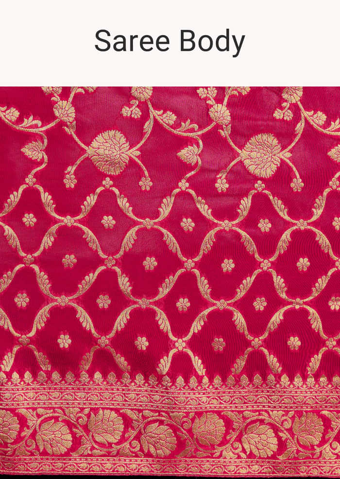 Rani Pink Woven Saree With Jaal Work And Floral Border