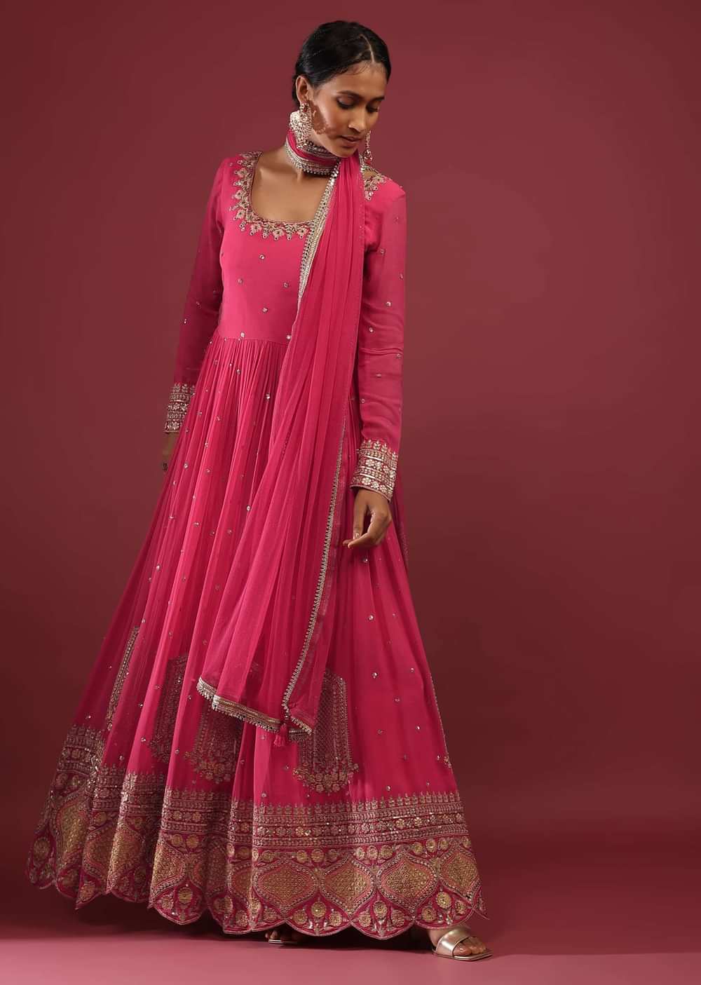 Rani Pink Anarkali Suit In Georgette With Multicolored Resham And Zari Embroidered Mughal Design