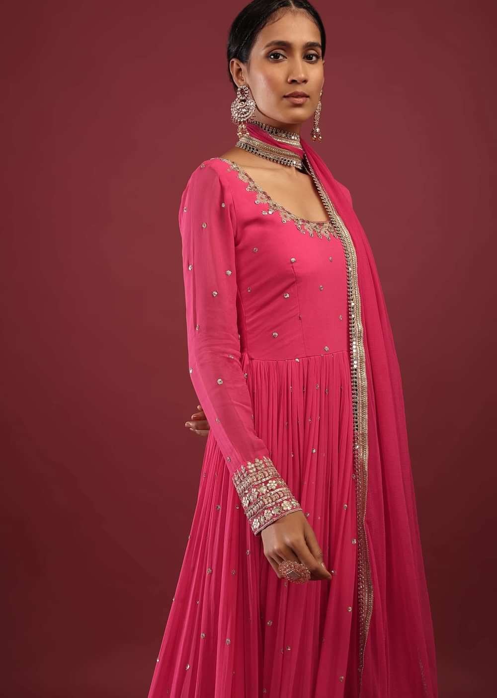 Rani Pink Anarkali Suit In Georgette With Multicolored Resham And Zari Embroidered Mughal Design