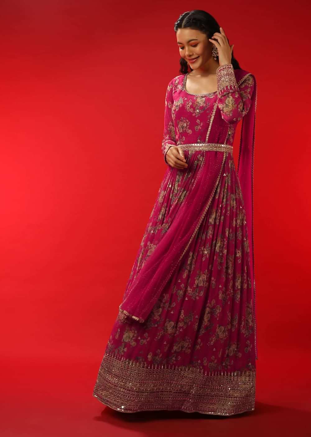 Azalea Pink Floral Printed Anarkali Suit In Georgette With Zari Work