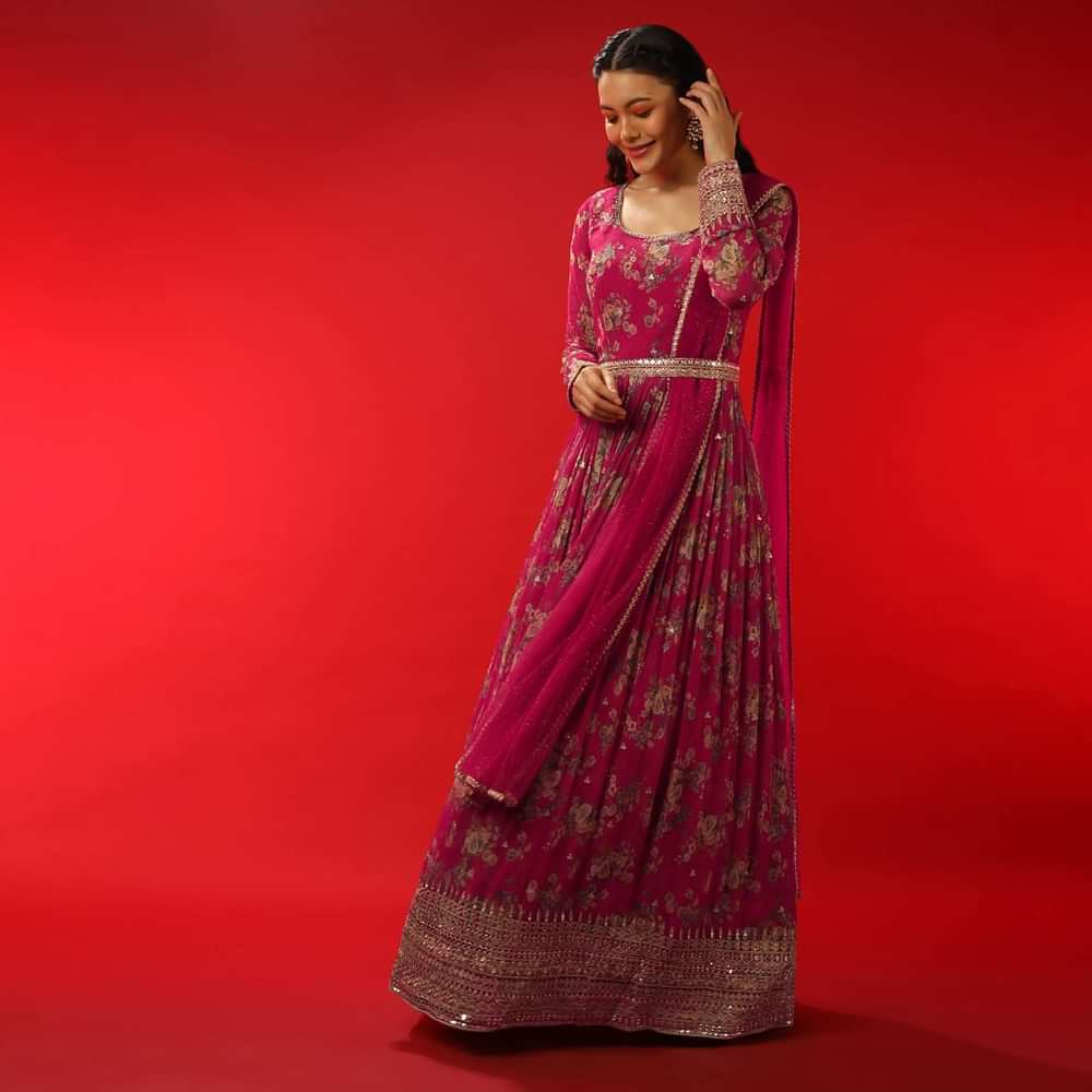 Azalea Pink Floral Printed Anarkali Suit In Georgette With Zari Work