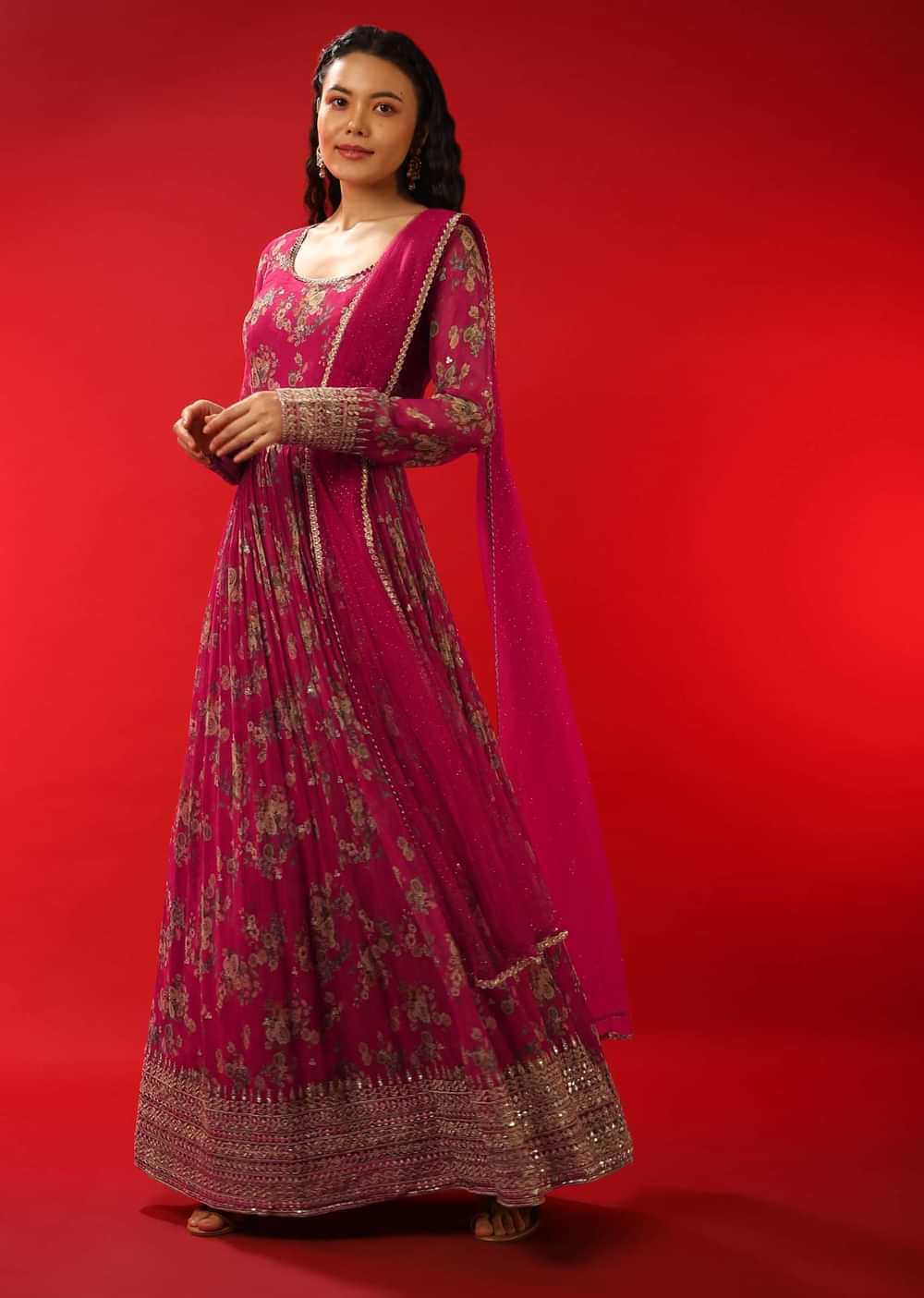 Azalea Pink Floral Printed Anarkali Suit In Georgette With Zari Work