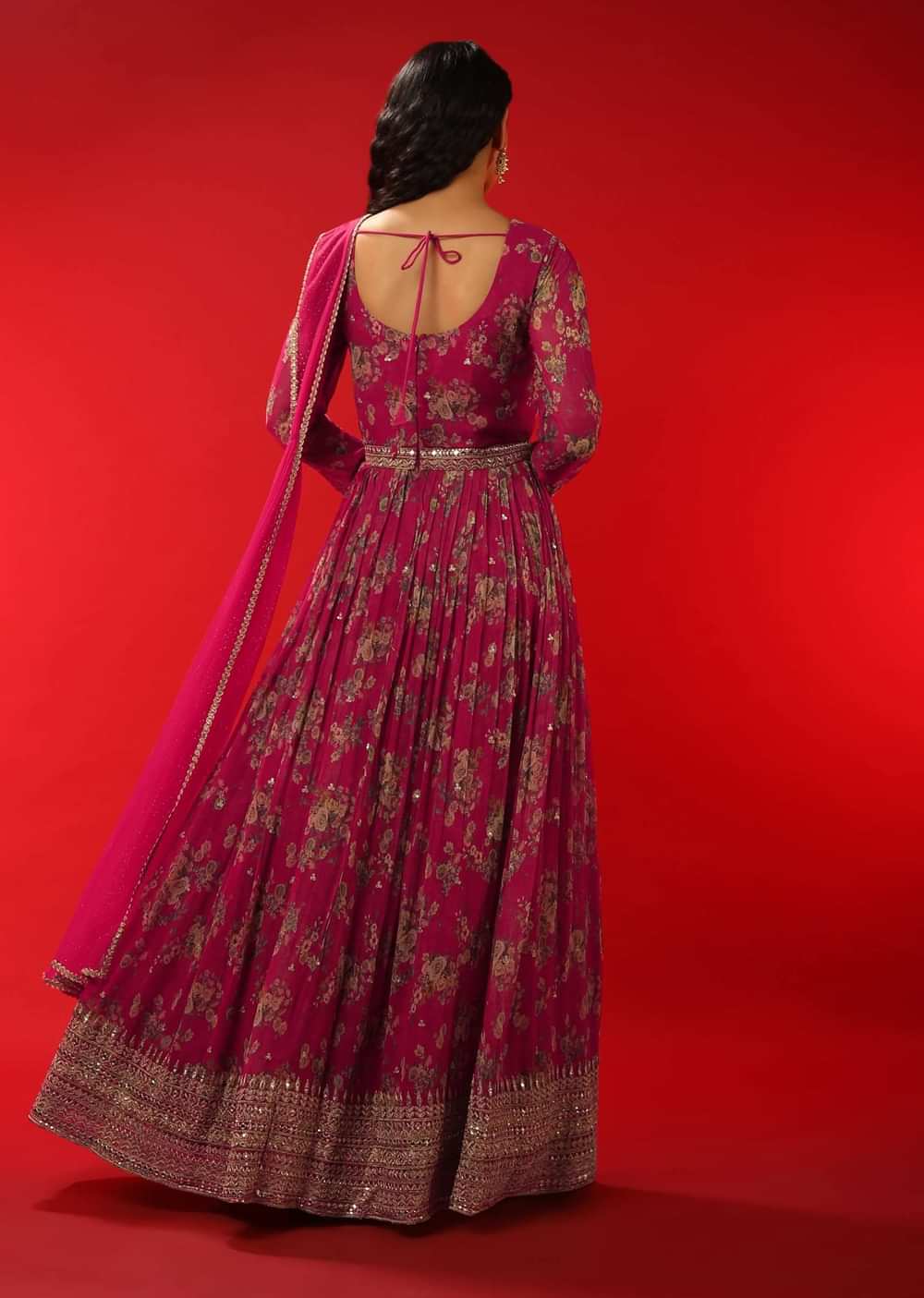 Azalea Pink Floral Printed Anarkali Suit In Georgette With Zari Work