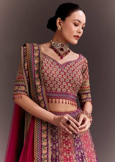 Rani Pink And Purple Zari Embellished Lehenga Set