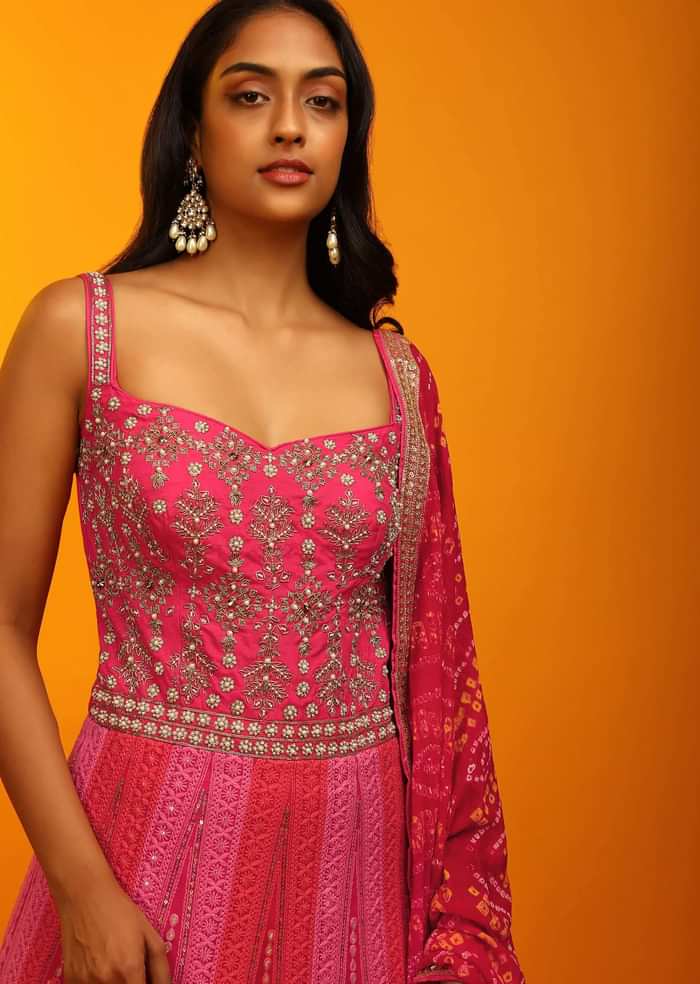 Rani Pink And Red Panel Anarkali Suit With Lucknowi Thread Embroidered Ethnic Kalis And Bandhani Dupatta