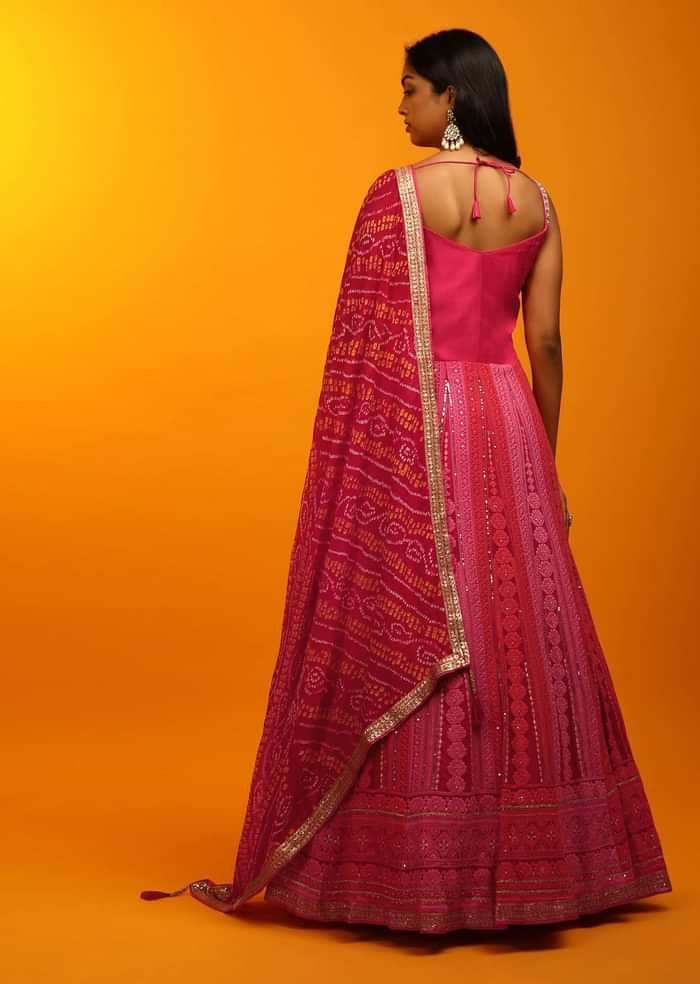 Rani Pink And Red Panel Anarkali Suit With Lucknowi Thread Embroidered Ethnic Kalis And Bandhani Dupatta