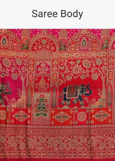 Rani Pink Banarasi Bandhani Satin Saree With Brocade Motifs On Border