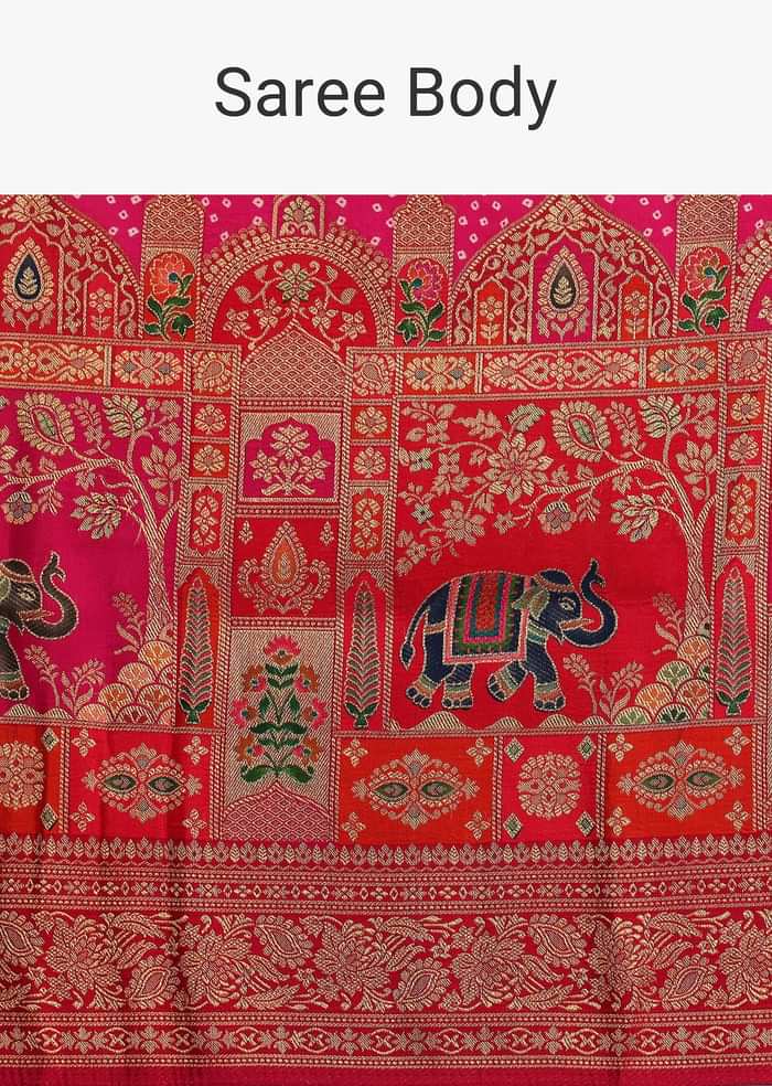 Rani Pink Banarasi Bandhani Satin Saree With Brocade Motifs On Border