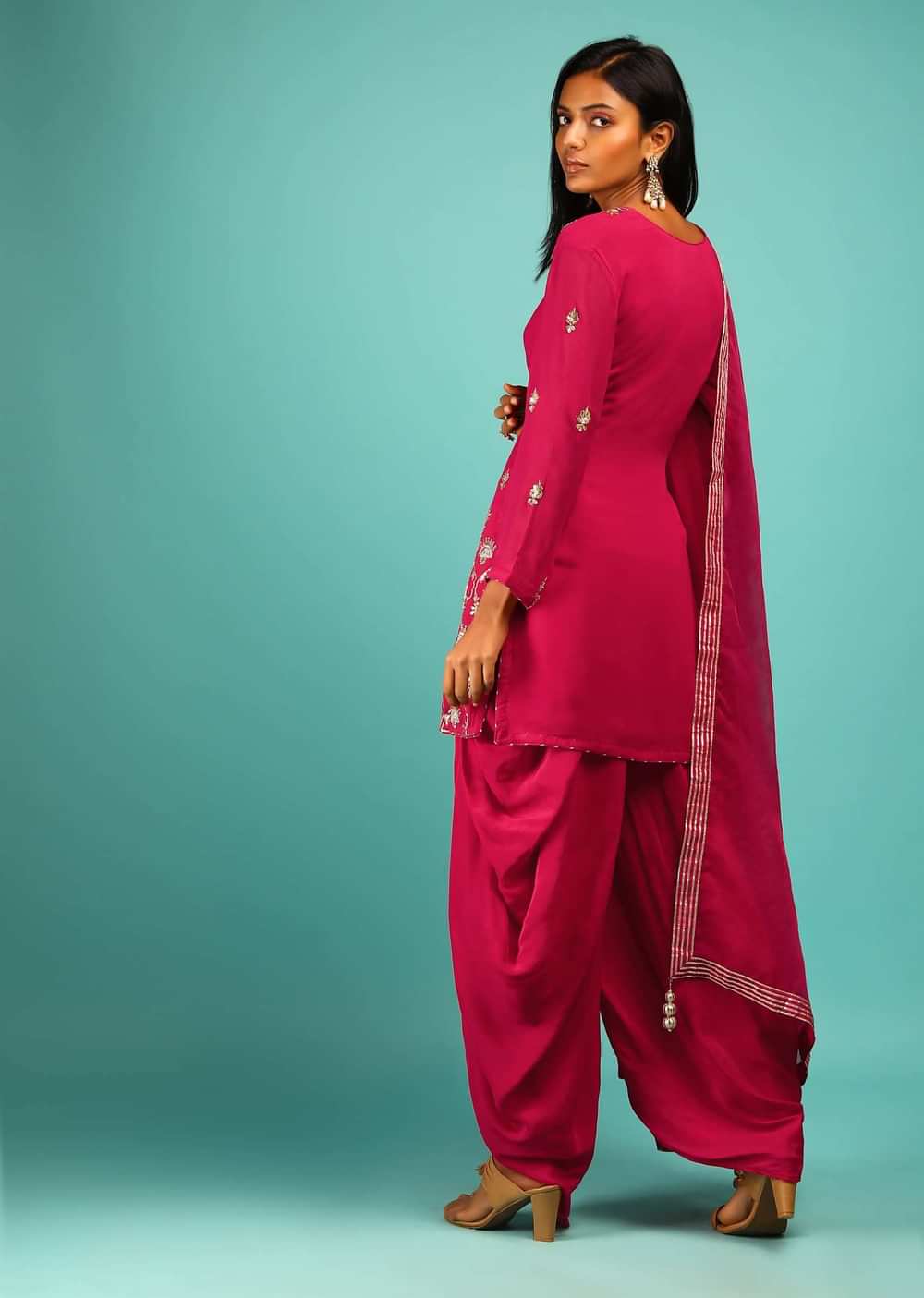 Rani Pink Dhoti Suit With Gotta Patti And Sequins Embroidered Moroccan And Floral Motifs