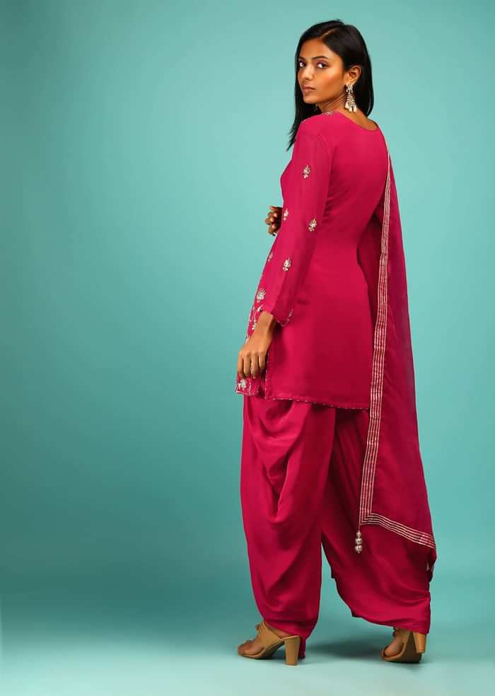 Rani Pink Dhoti Suit With Gotta Patti And Sequins Embroidered Moroccan And Floral Motifs