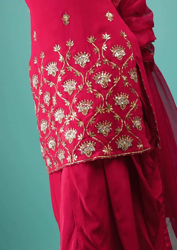 Rani Pink Dhoti Suit With Gotta Patti And Sequins Embroidered Moroccan And Floral Motifs