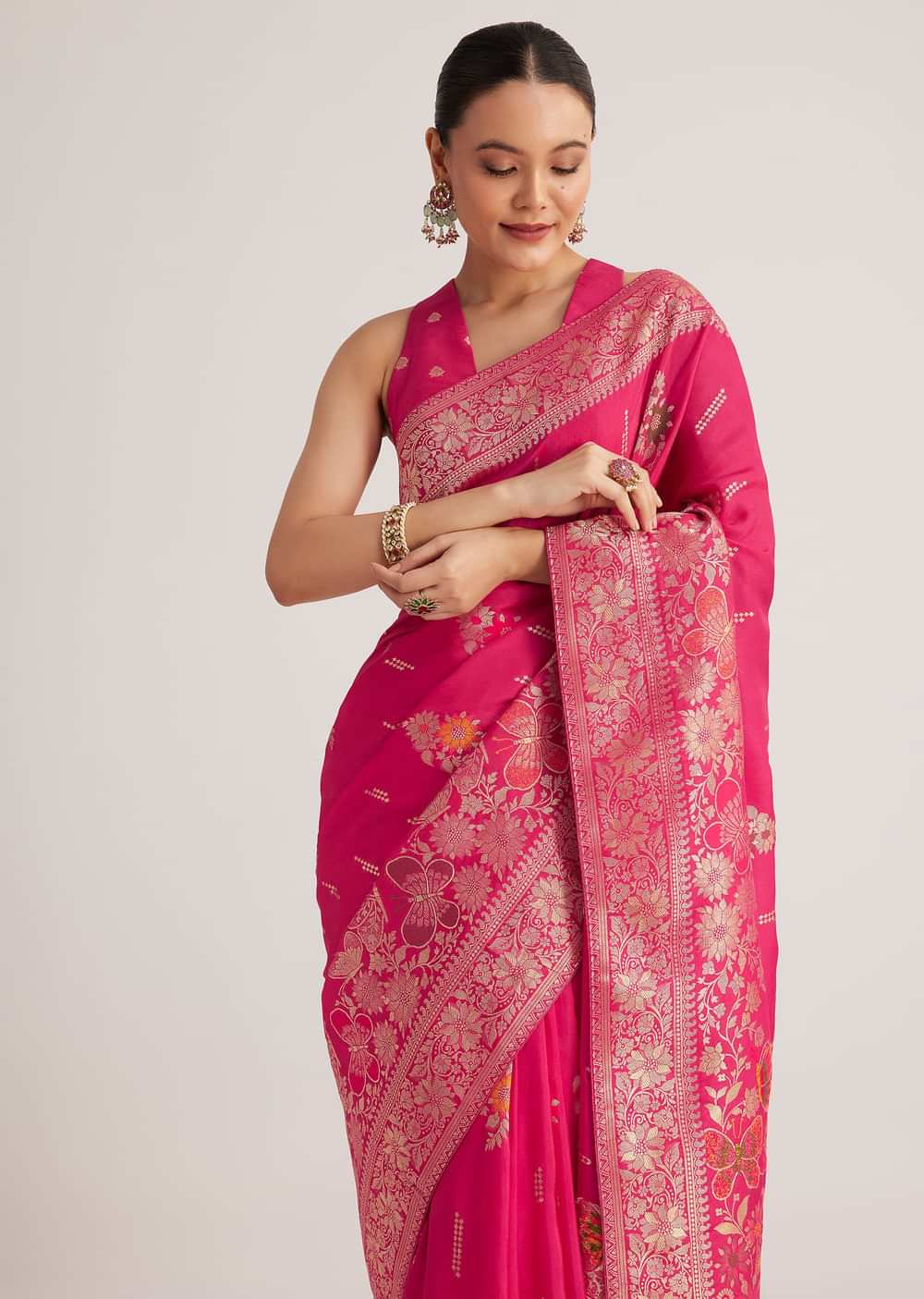 Rani Pink Dola Silk Saree With Zari Woven Detailing