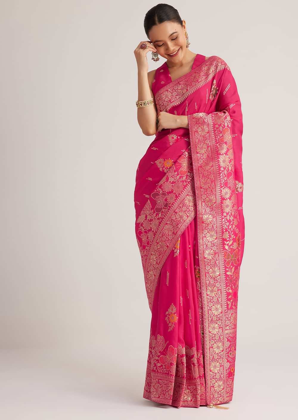 Rani Pink Dola Silk Saree With Zari Woven Detailing