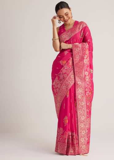 Rani Pink Dola Silk Saree With Zari Woven Detailing