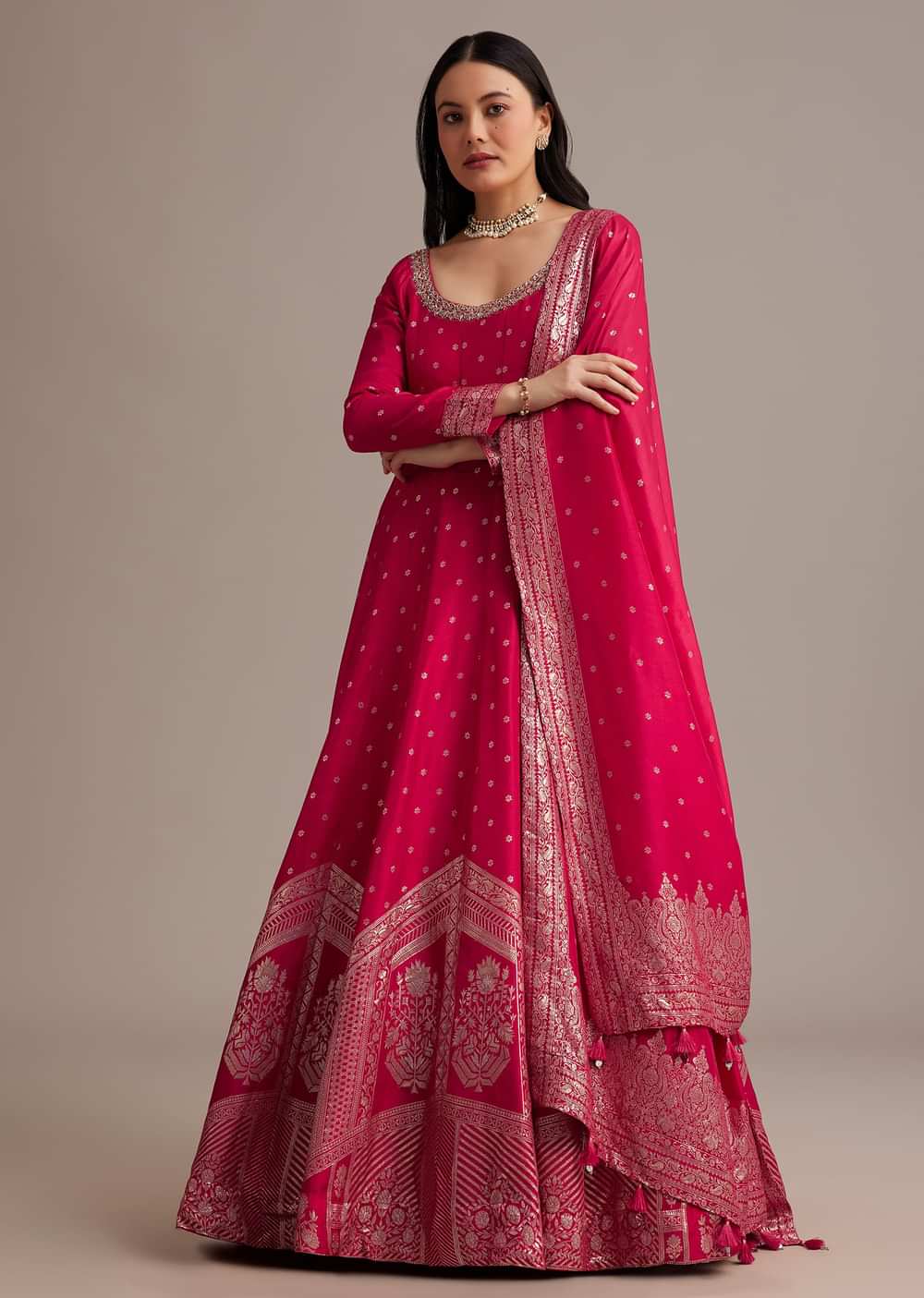 Rani Pink Gold Weave Anarkali Set With Banarasi Dupatta