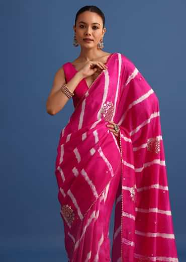 Rani Pink Hand Dyed Lehriya Silk Saree With Gota Patti Work