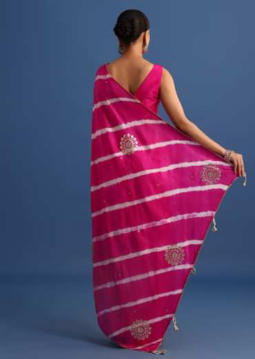 Rani Pink Hand Dyed Lehriya Silk Saree With Gota Patti Work