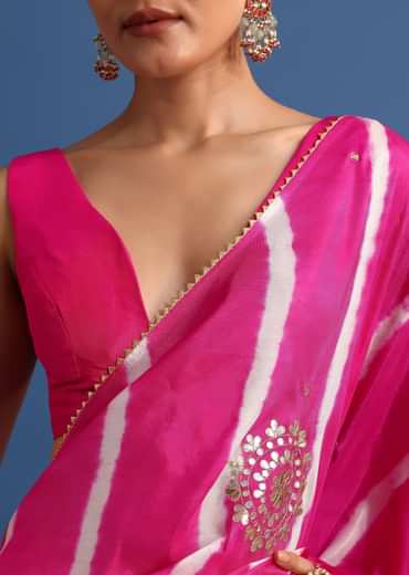 Rani Pink Hand Dyed Lehriya Silk Saree With Gota Patti Work