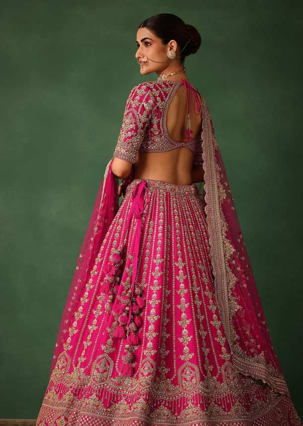 Rani Pink Hand Embroidered Lehenga With Blouse And Dupatta