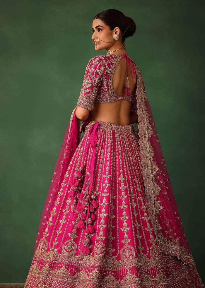 Rani Pink Hand Embroidered Lehenga With Blouse And Dupatta