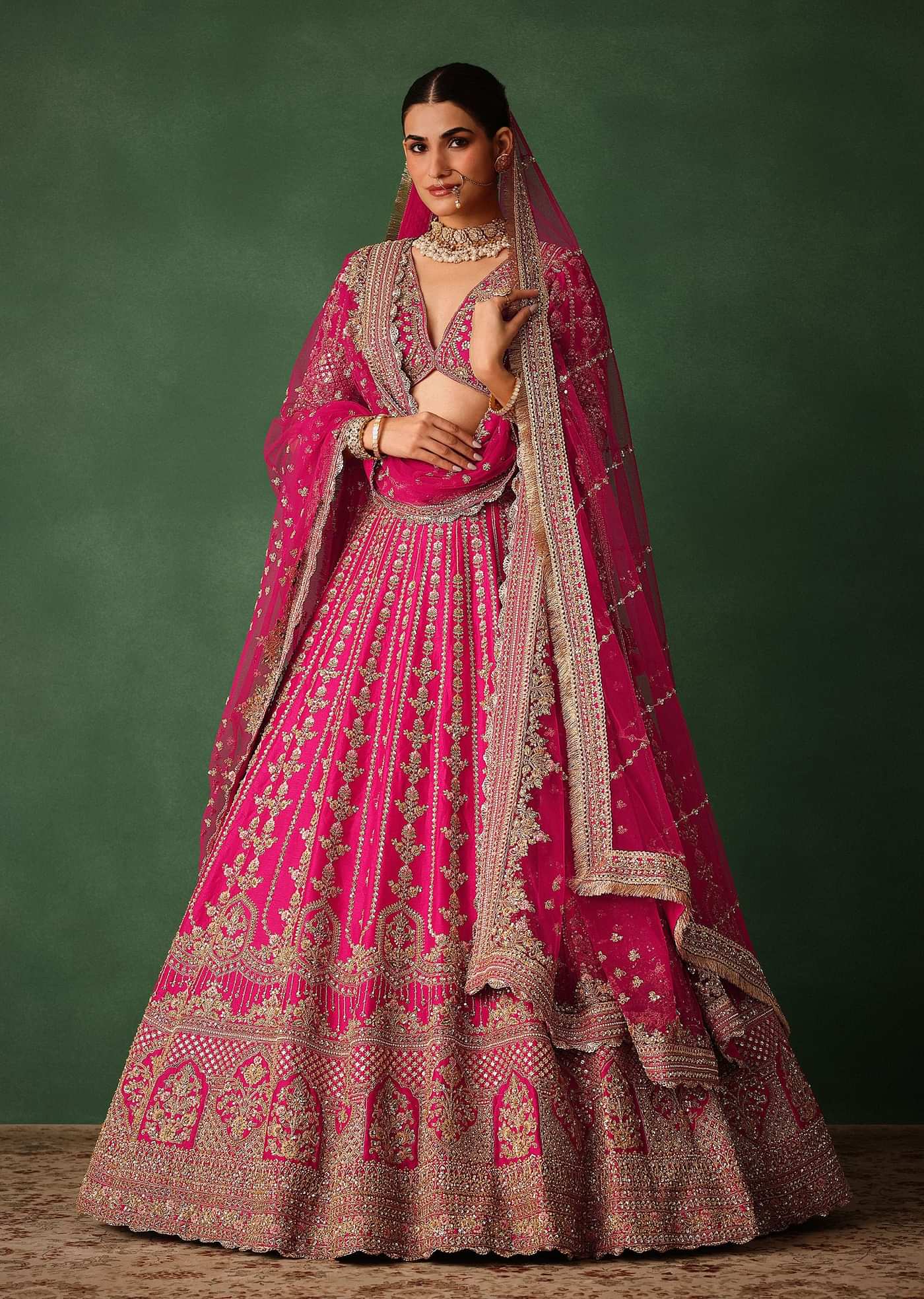 Rani Pink Hand Embroidered Lehenga With Blouse And Dupatta