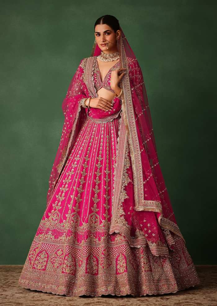 Rani Pink Hand Embroidered Lehenga With Blouse And Dupatta
